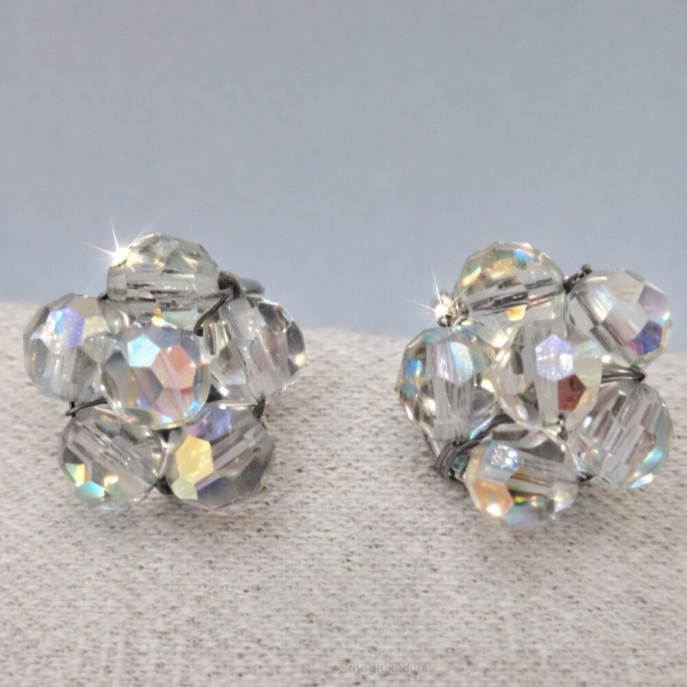 Aurora Borealis AB Vintage Clip On Handmade Beaded Flower Earrings